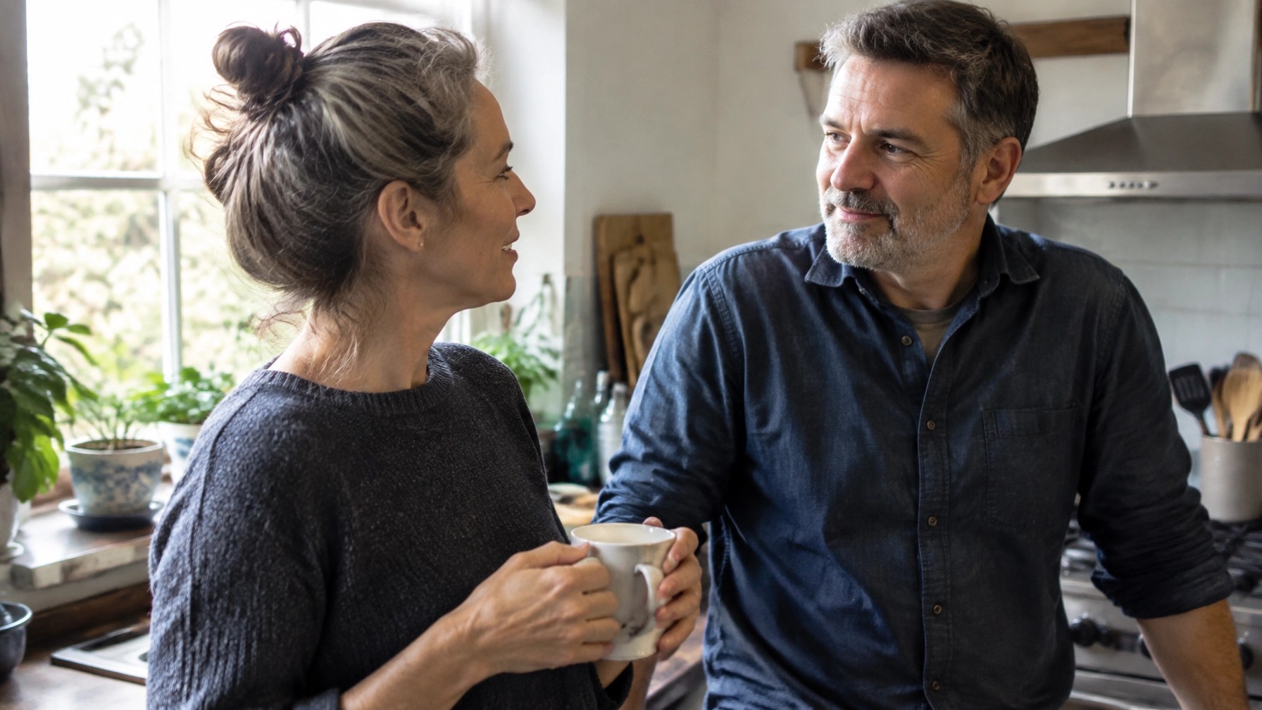 A couple talking in a kitchen