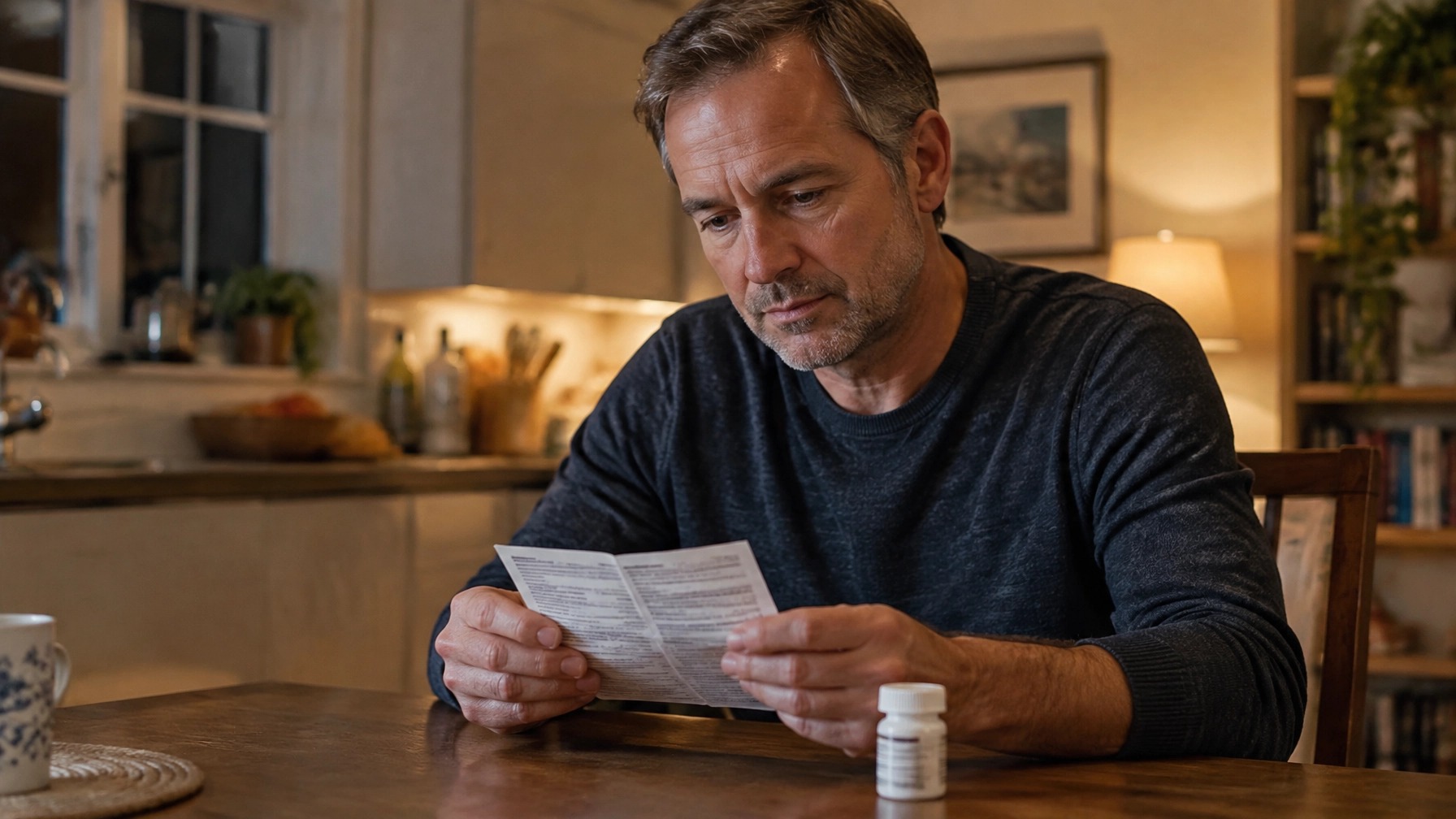 A man reviewing a medication leaflet at home