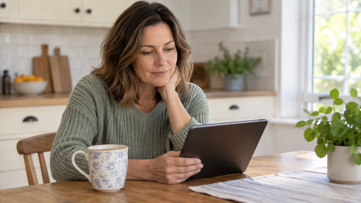 Woman in her 40s reading about compounded GLP-1 treatment options on a tablet at her kitchen table