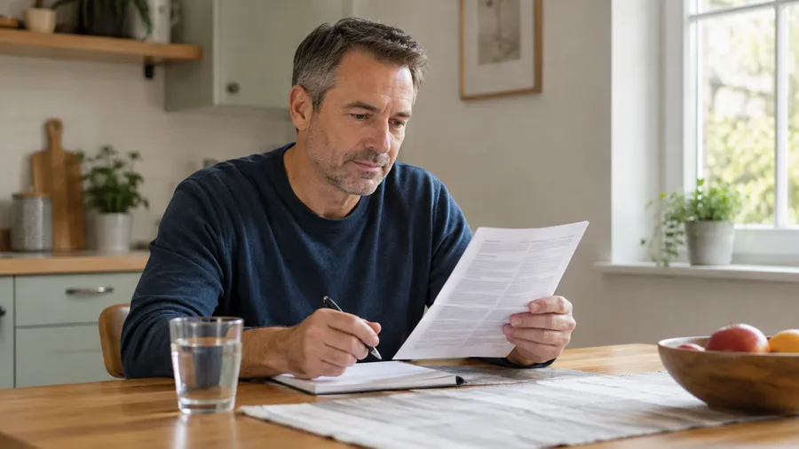 Man in his 50s reading a printed information leaflet at his kitchen table