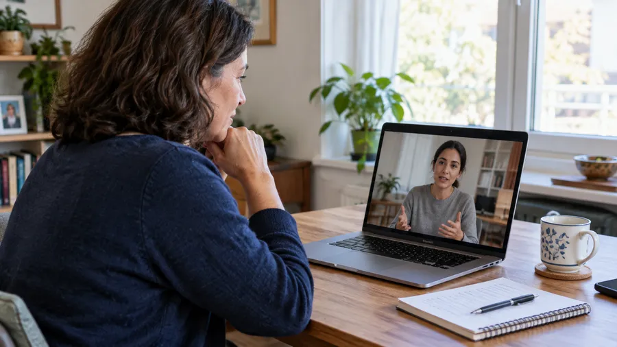 Adult on a video call with a clinician at home, with a notepad of questions beside the laptop