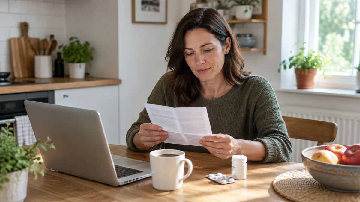 Adult at a kitchen table reading a leaflet while researching compounded vs FDA-approved medications