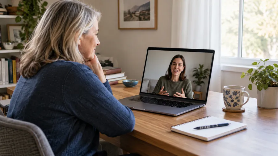 Adult on a video call with a clinician asking questions about a prescription