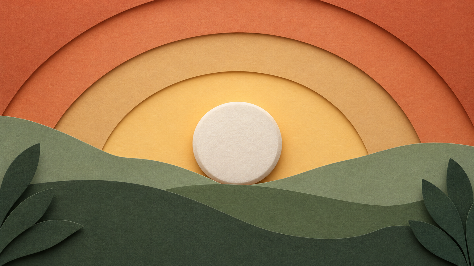 Paper-cut illustration of a sunrise arc with one round disc at its centre, representing a daily tadalafil guide