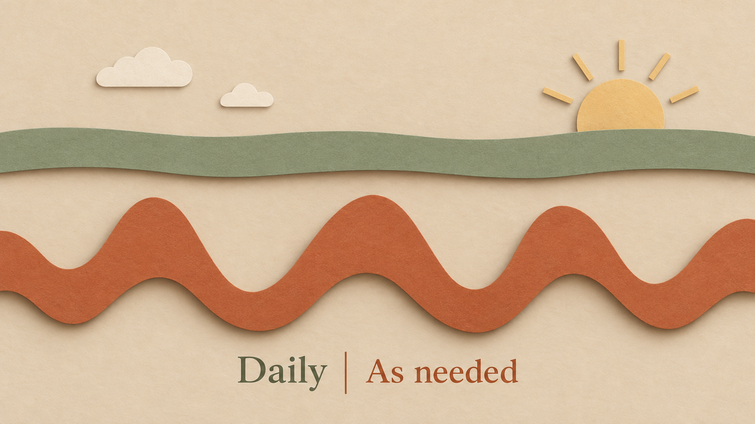 Paper-cut illustration comparing a steady daily band with a peaked as-needed wave