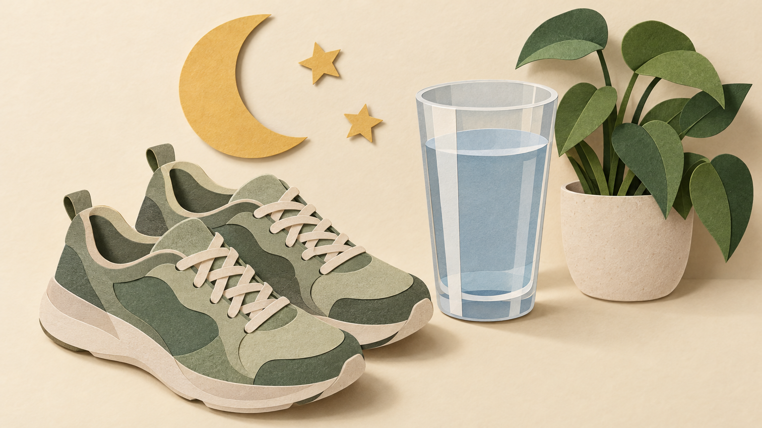 Paper-cut illustration of walking shoes, a glass of water, a crescent moon and a plant for healthy daily habits
