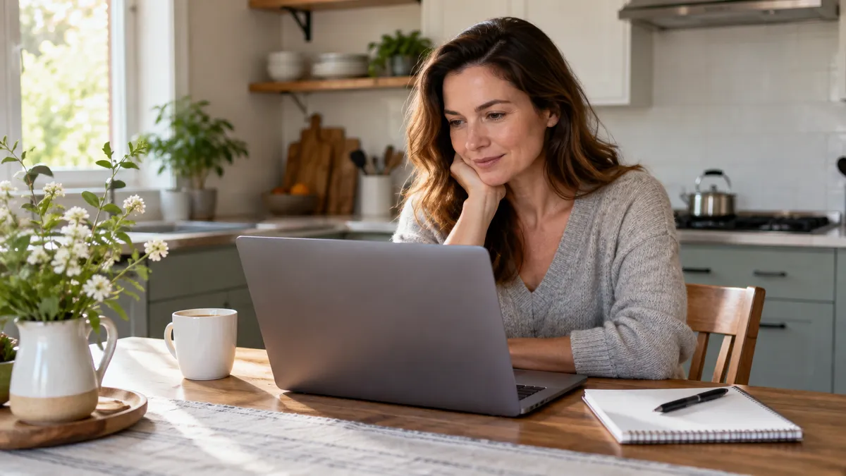 Adult at a kitchen table researching how a compounding pharmacy works on a laptop