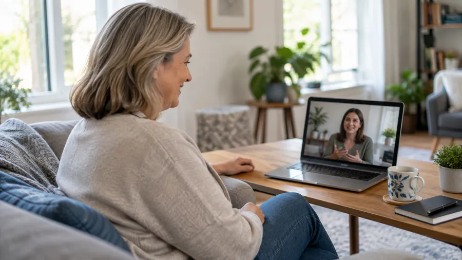 Woman on a video call with a clinician at home to discuss a prescription