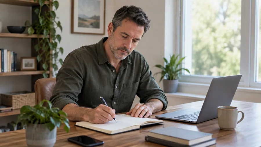 Man writing questions in a notebook to check a pharmacy before ordering