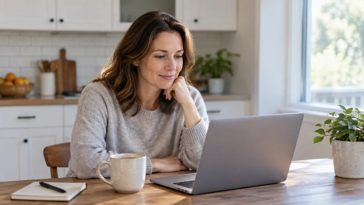 Adult at a kitchen table reading online about how ShopMedRx works on a laptop