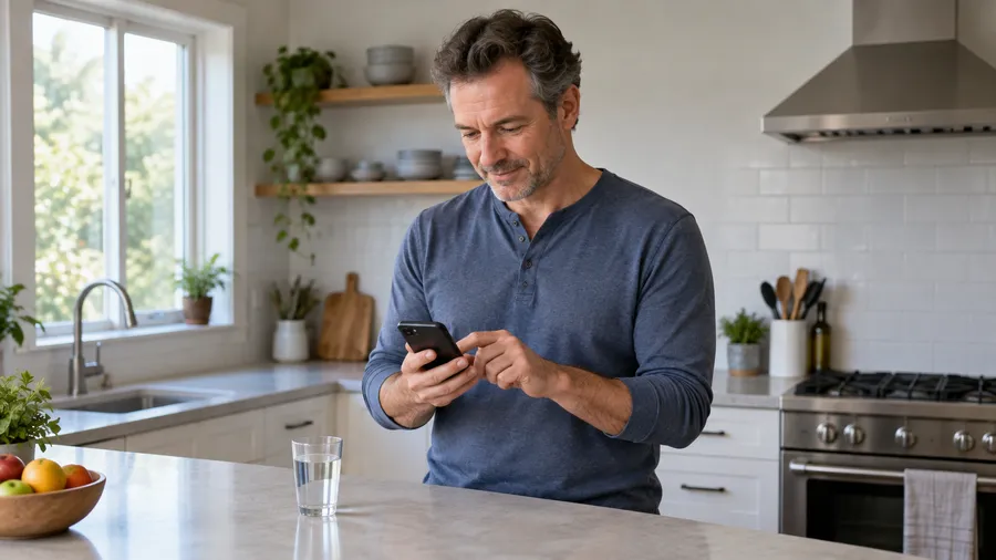 Man setting a weekly reminder on his phone at a kitchen counter