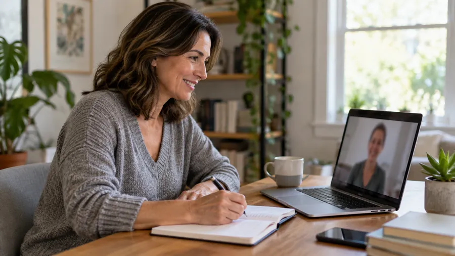Woman on a video call with a care coach from her home desk