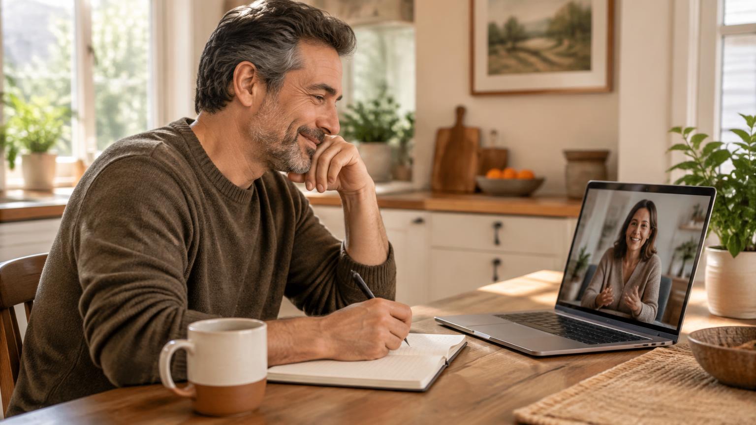 Man taking notes at his kitchen table during a telehealth video call with a clinician