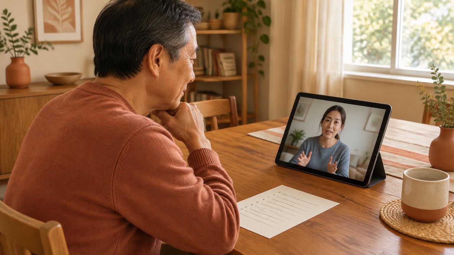 Man on a telehealth video call at home discussing his medicine list with a licensed clinician