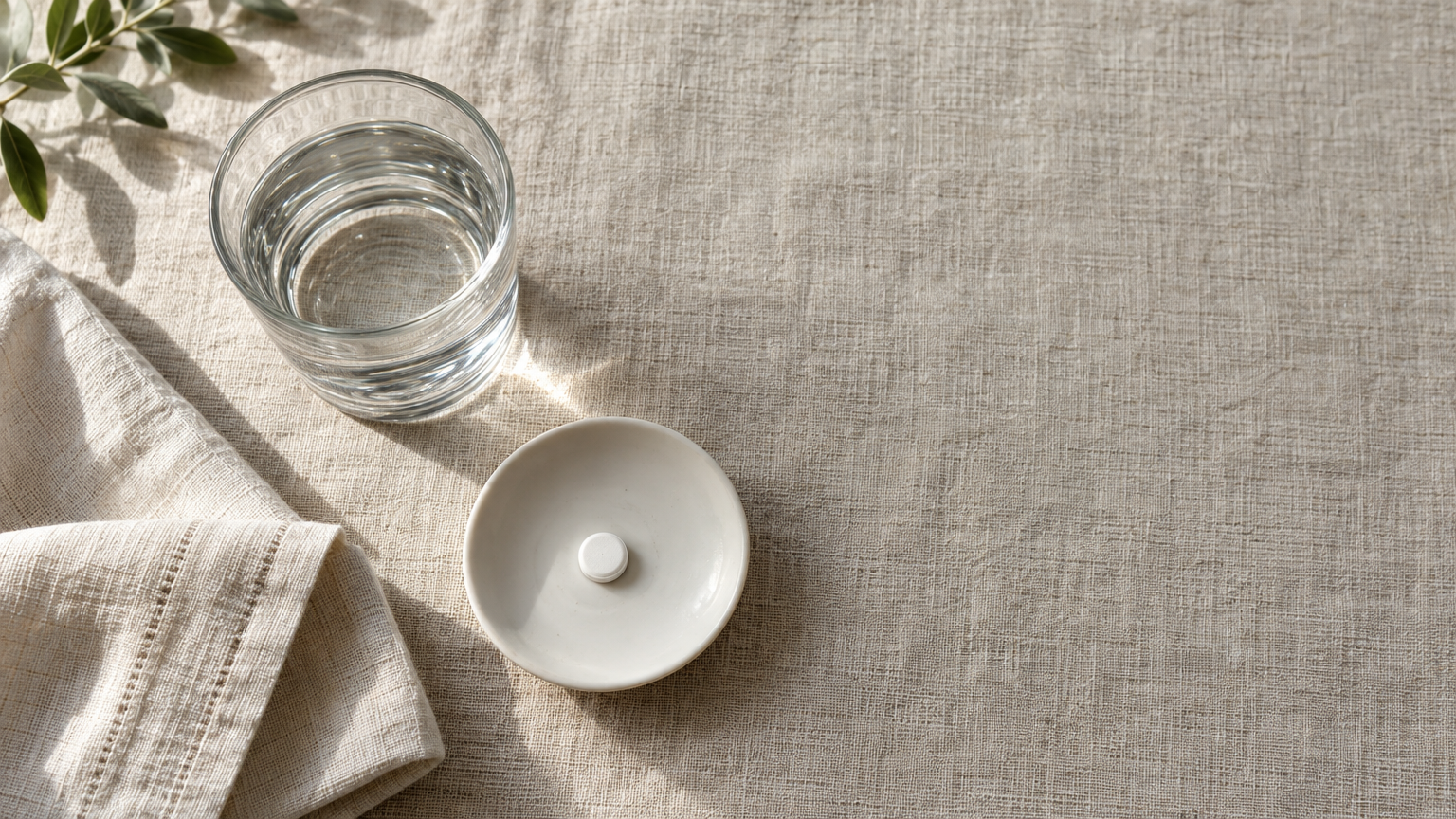 Flat-lay of a plain tablet on a saucer beside a glass of water on linen, illustrating an oral semaglutide guide
