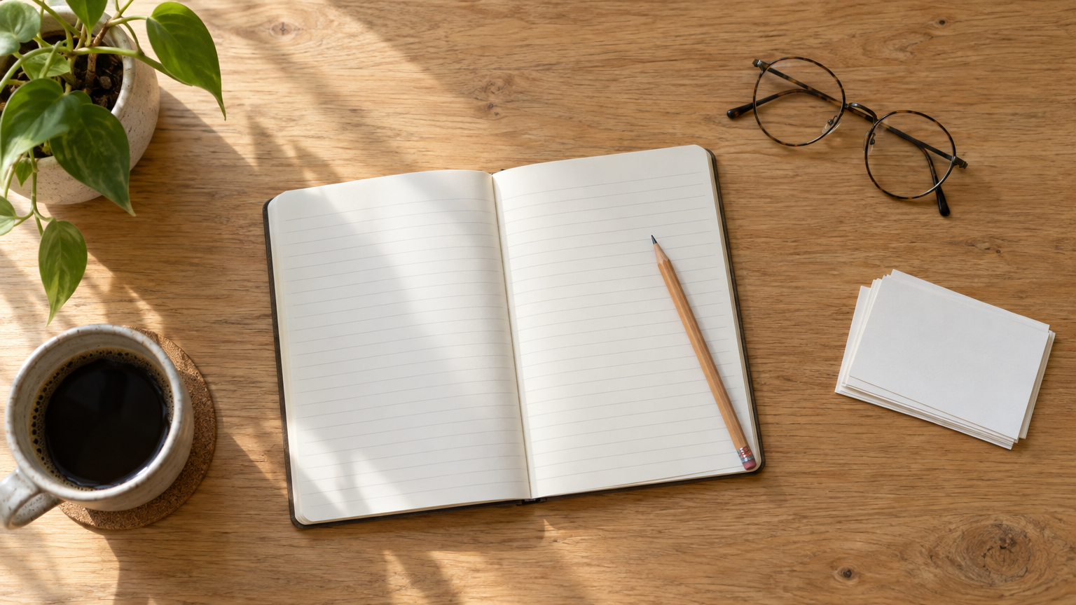 Blank notebook, pencil and reading glasses on a wooden table for preparing questions for a clinician