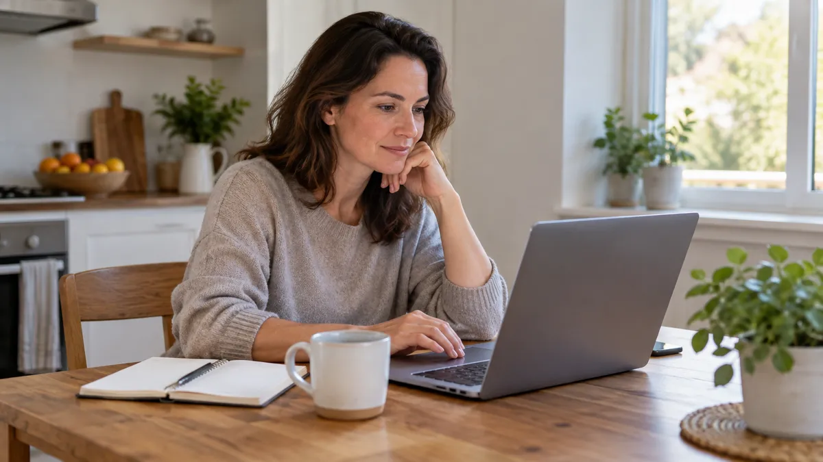 Adult at a kitchen table comparing semaglutide cost options on a laptop with a notebook and coffee