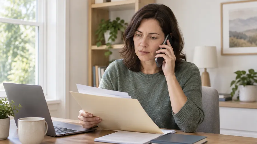 Adult on a phone call at a home desk checking health plan paperwork
