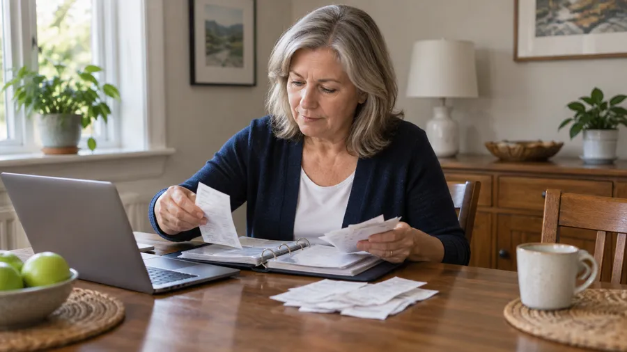 Adult organizing receipts in a folder at a dining table to prepare an HSA or FSA claim