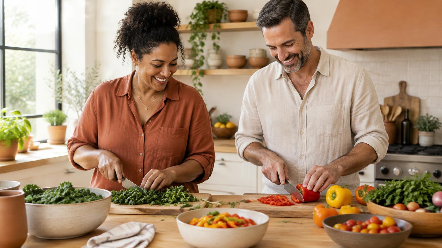 Couple cooking a colorful vegetable meal together in a bright kitchen