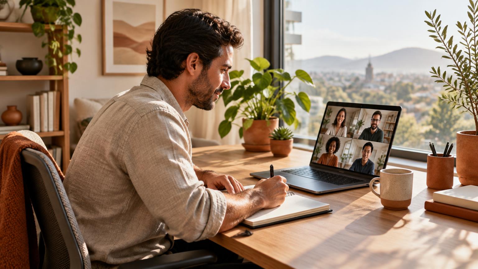Man on a telehealth video call at a home office desk with a notepad
