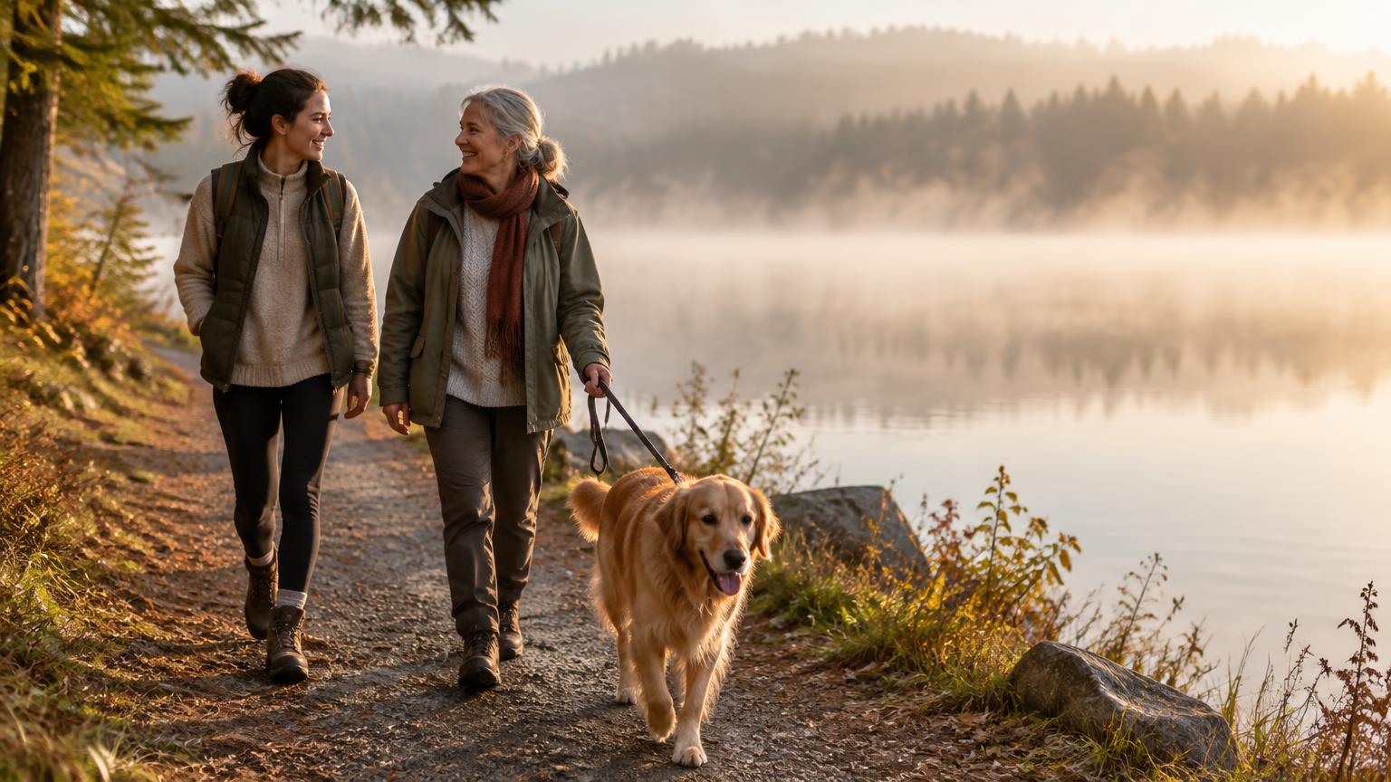 Two adults of different ages taking a relaxed morning walk