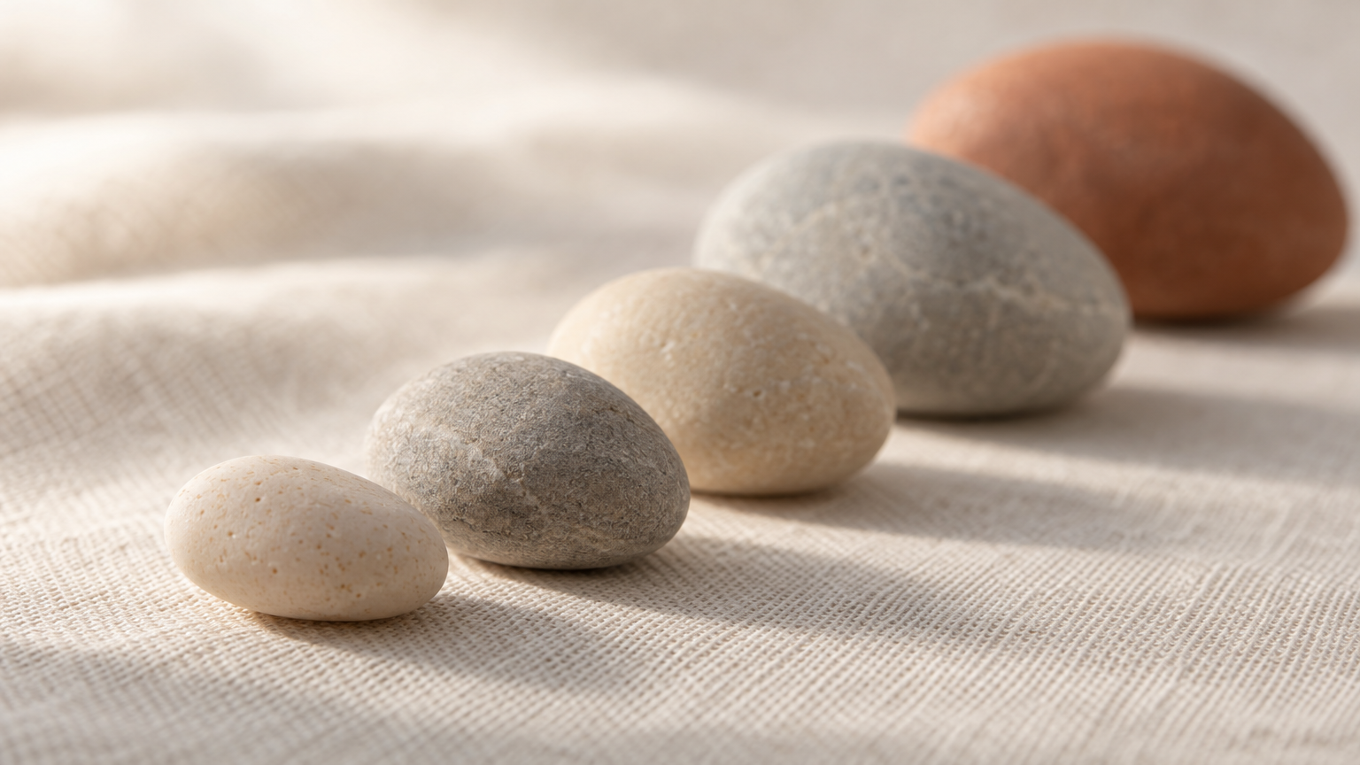Five smooth stones in ascending size on cream linen, a quiet image for a semaglutide weight loss dosage chart built on gradual steps