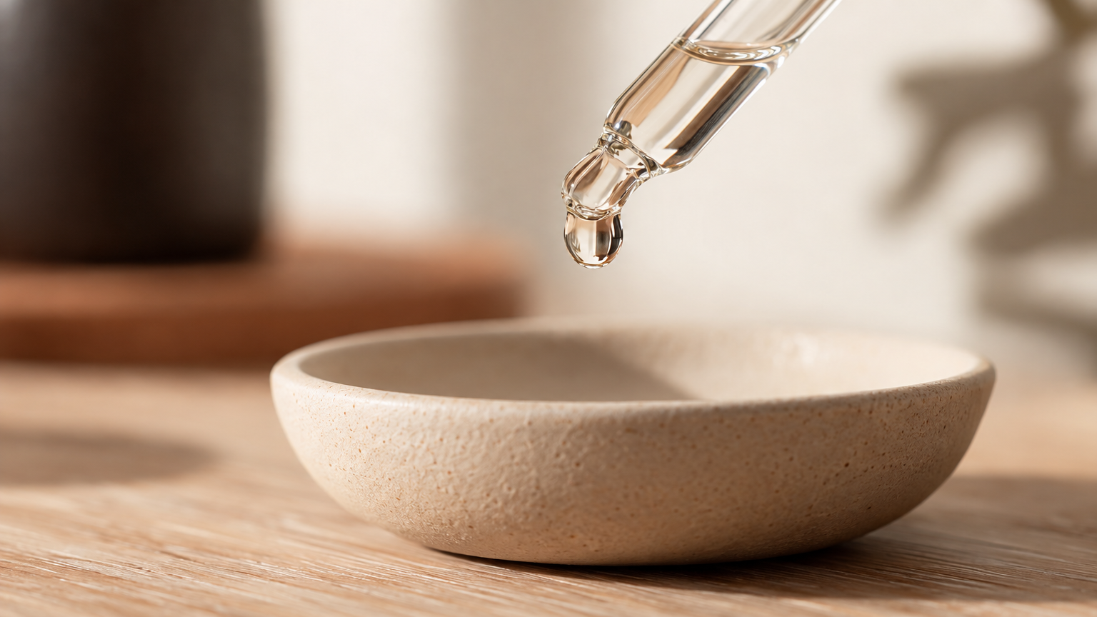 Single clear water droplet at the tip of a glass pipette above a small sand-colored ceramic dish, illustrating measuring small volumes