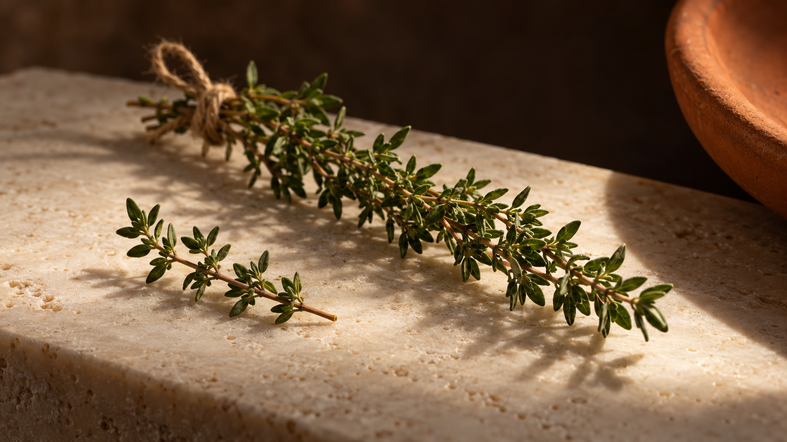 Short thyme sprig beside a longer stem tied with twine, a visual metaphor for two peptide structures