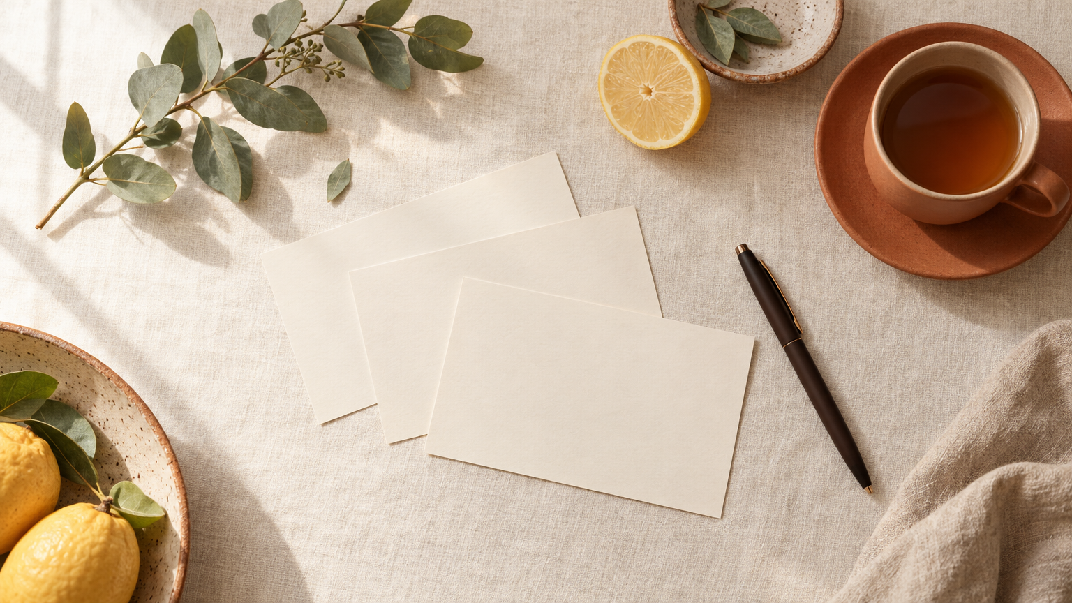 Blank index cards, pen and eucalyptus arranged on linen to suggest preparing questions for a clinician