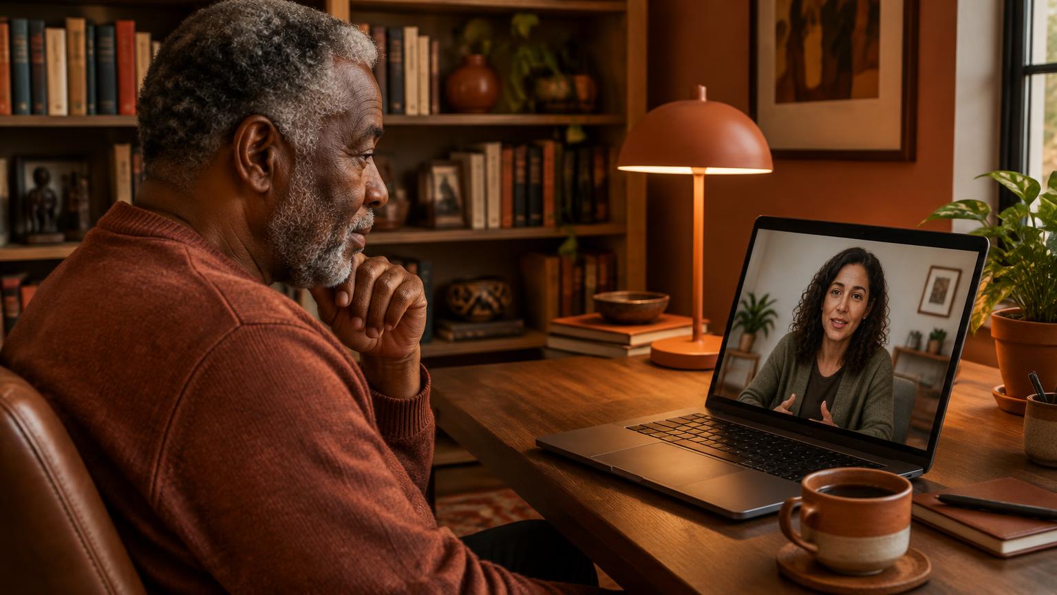 Man on a telehealth video call discussing treatment questions from a home office
