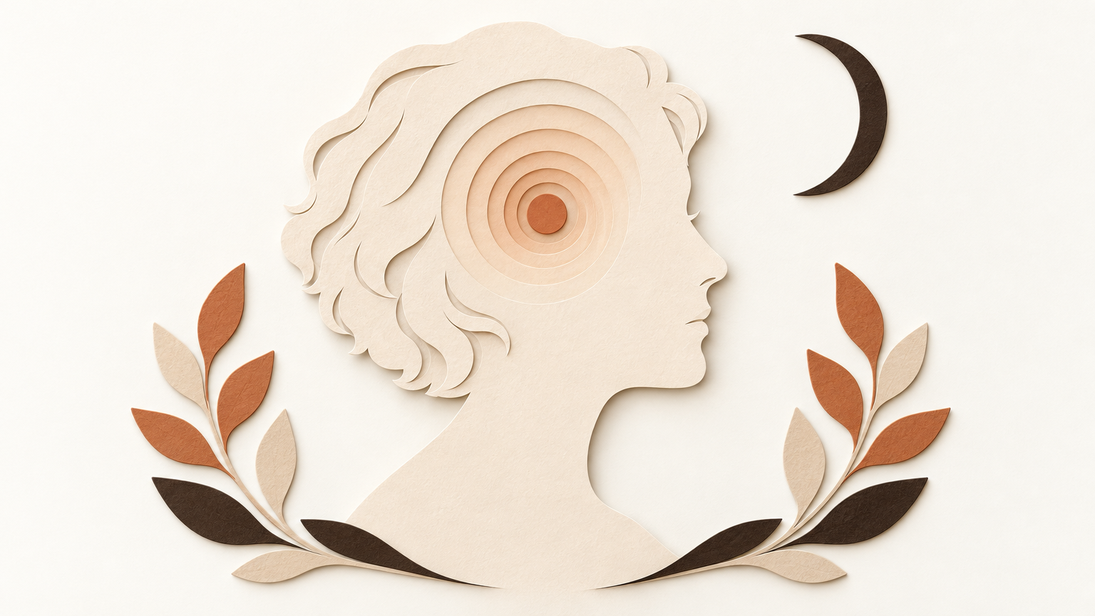 Paper-cut illustration for sermorelin women: a calm adult woman's profile with ripples spreading from a small terracotta circle