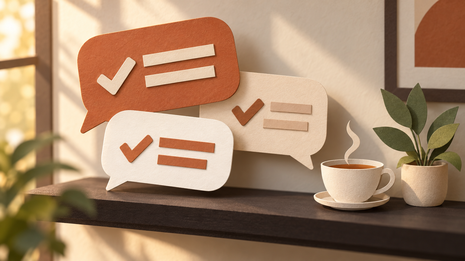Paper-cut illustration of three overlapping speech bubbles with check marks and a cup of tea