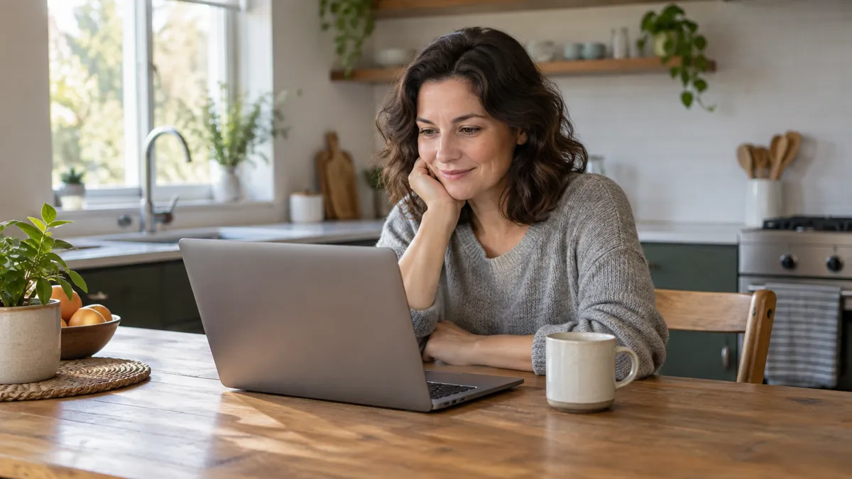 Adult at a kitchen table reading about the ShopMedRx prescription process on a laptop