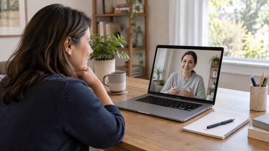 Adult on a video call with a clinician who is wearing a sweater at a home desk