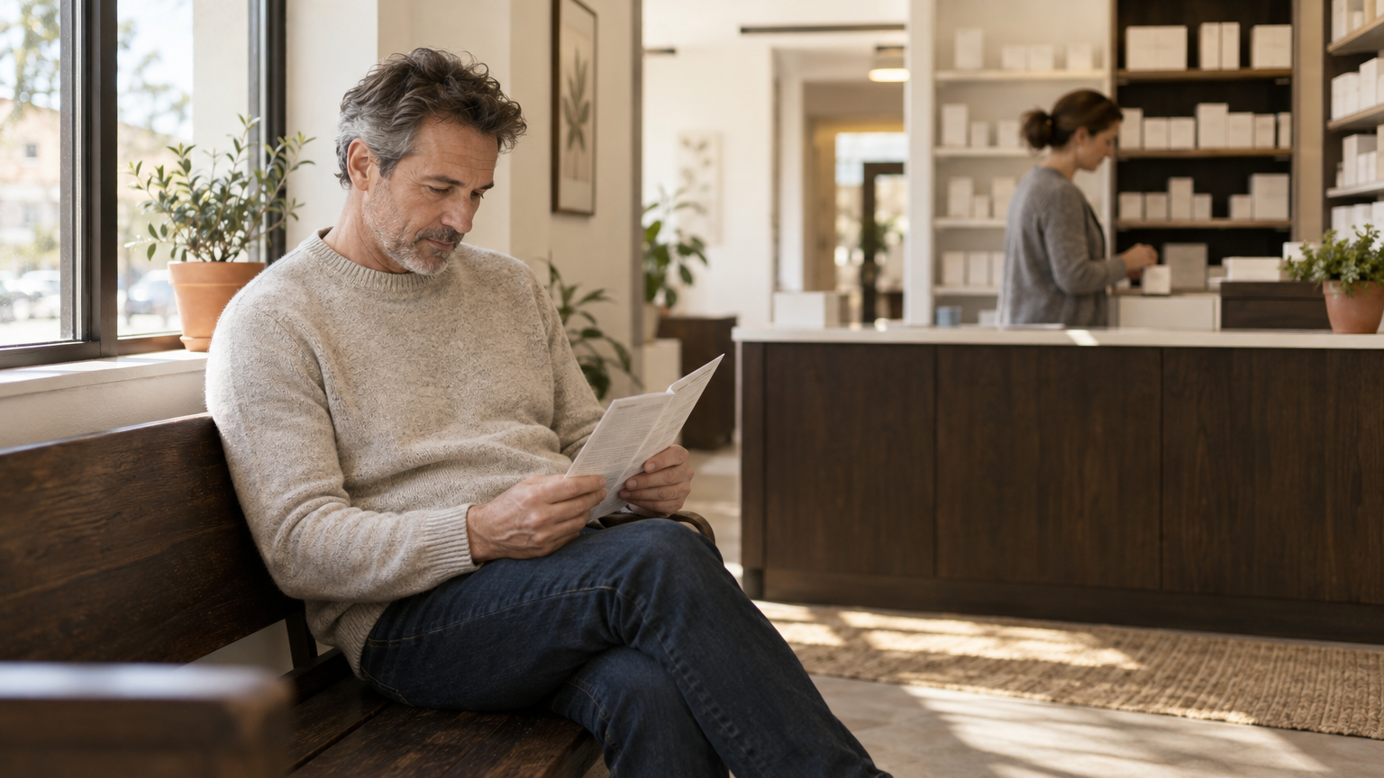Man in his 50s reading a printed leaflet in a pharmacy waiting area, a guide to sildenafil 100mg safety and dosing