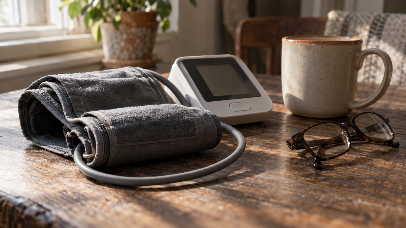 Home blood pressure monitor cuff resting on a wooden table beside a mug in window light