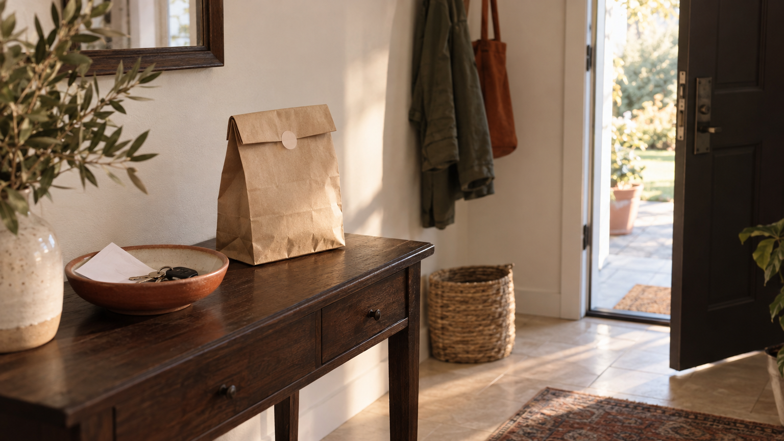 Plain paper pharmacy bag with an unmarked seal on a hallway console table near a front door