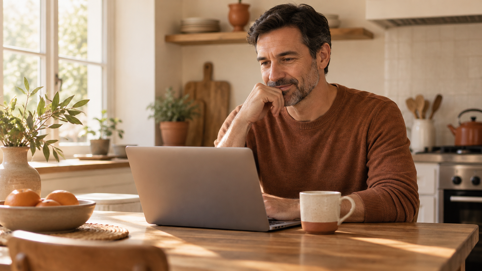 Adult reading a sildenafil for ED guide on a laptop at a sunlit kitchen table