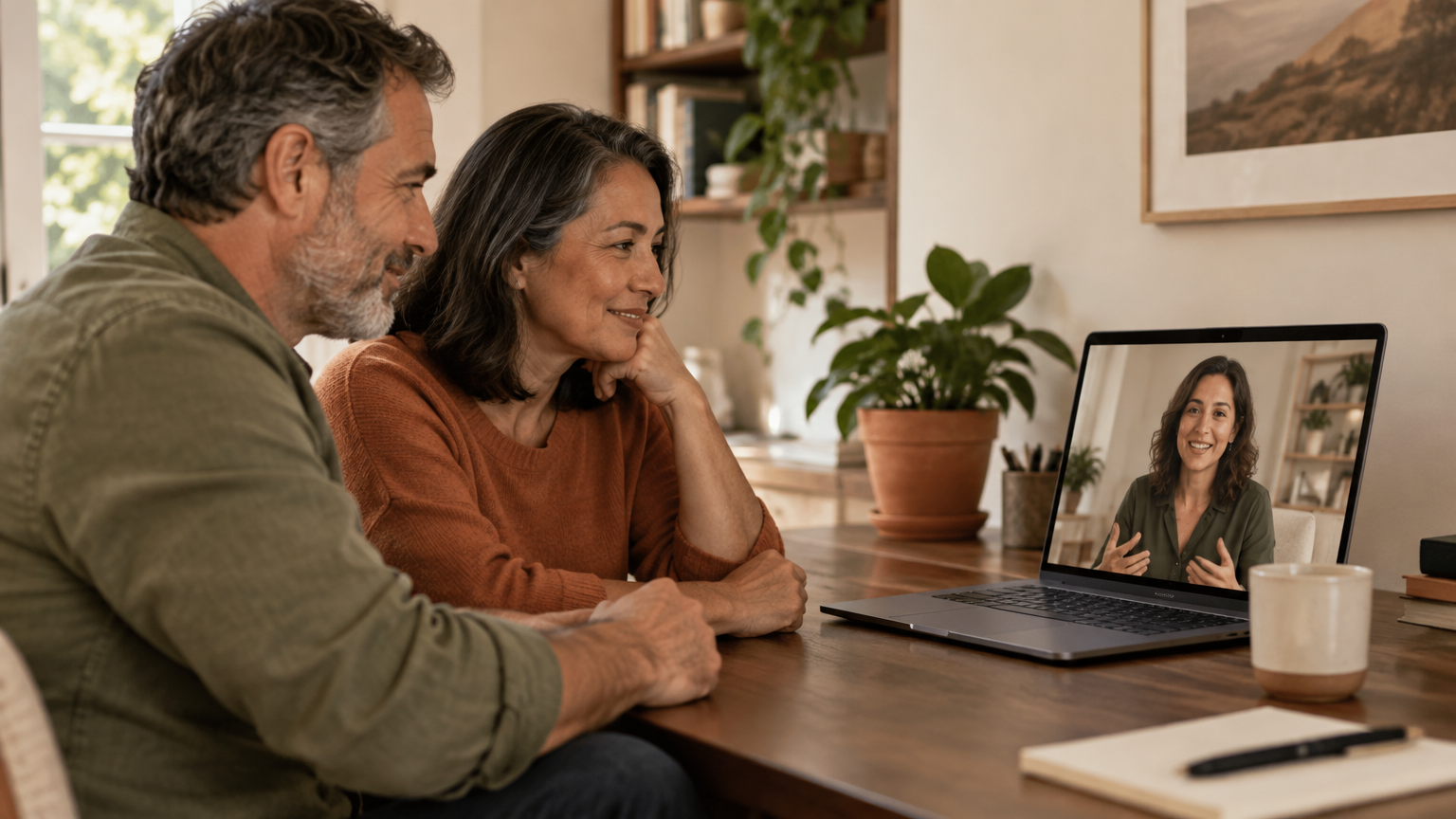 Two adults on a telehealth video call with a licensed clinician at a home desk