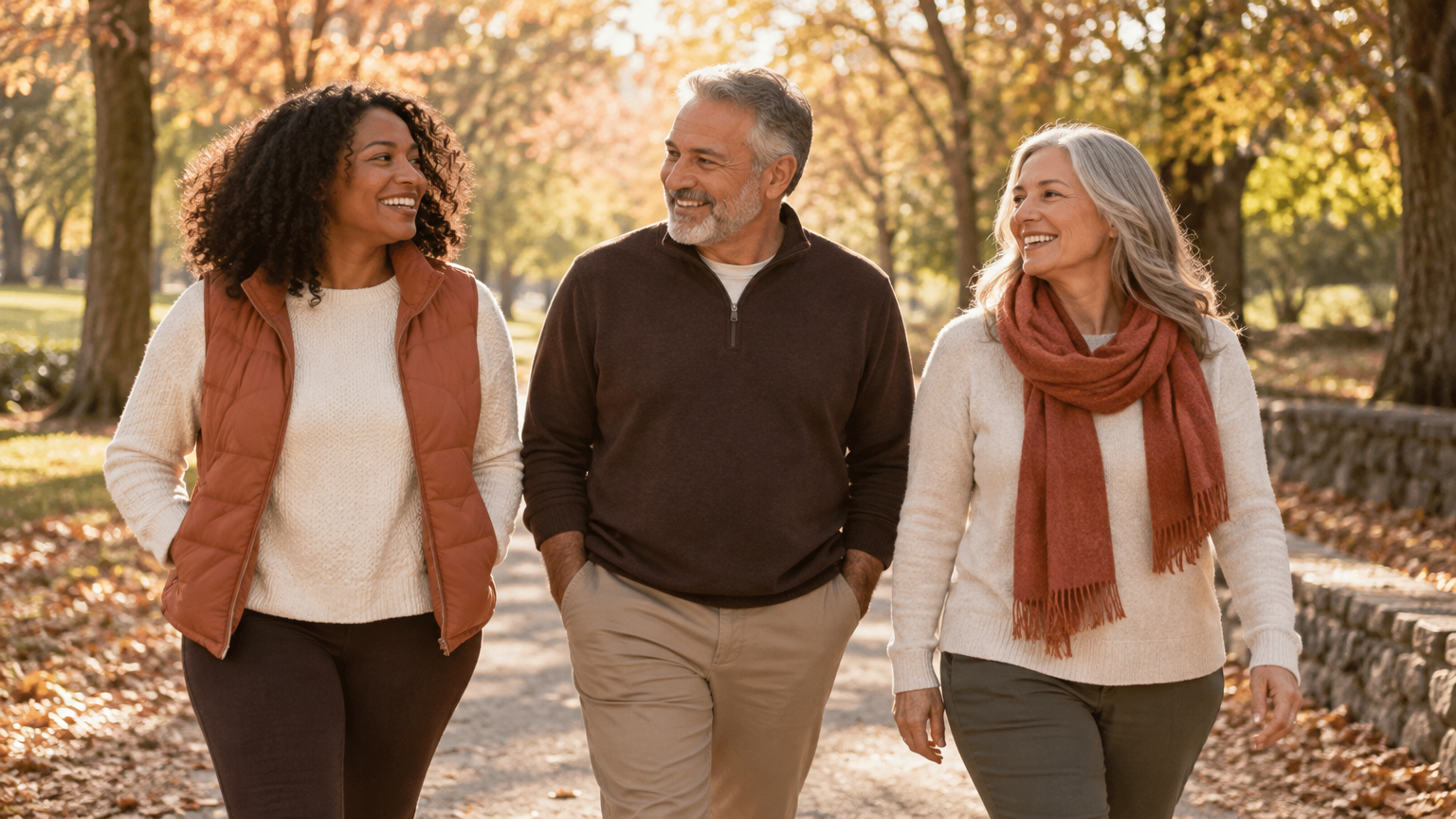 Diverse adults walking together on a park path as part of a healthy lifestyle