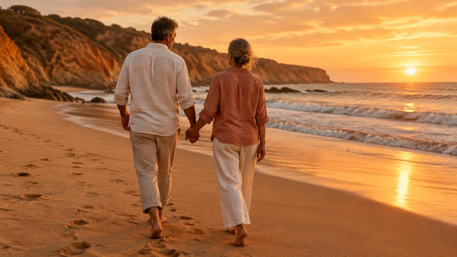 Couple walking hand in hand along a beach at sunset