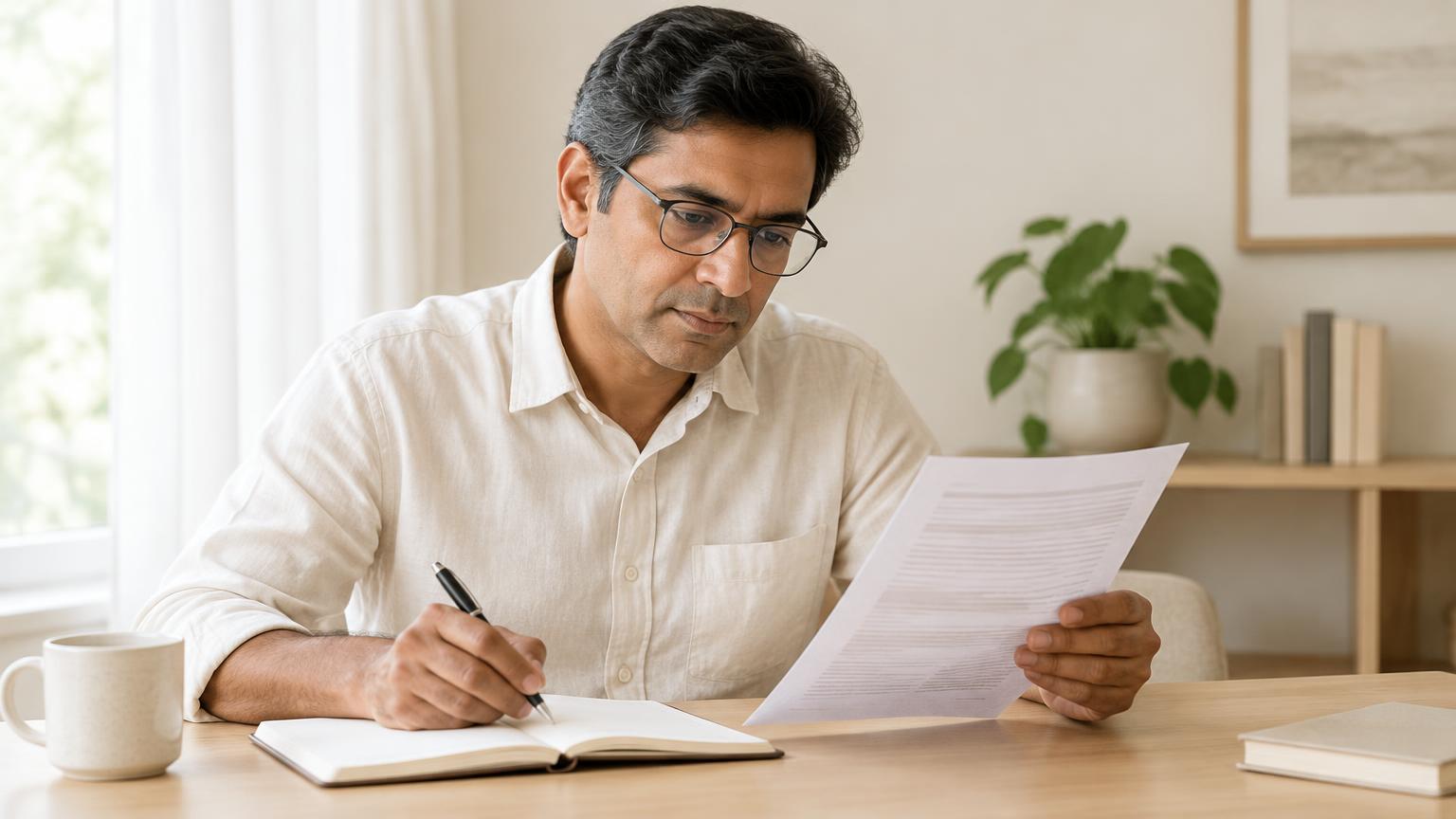 Mixed-age adult taking notes while reading medication safety information at a home desk