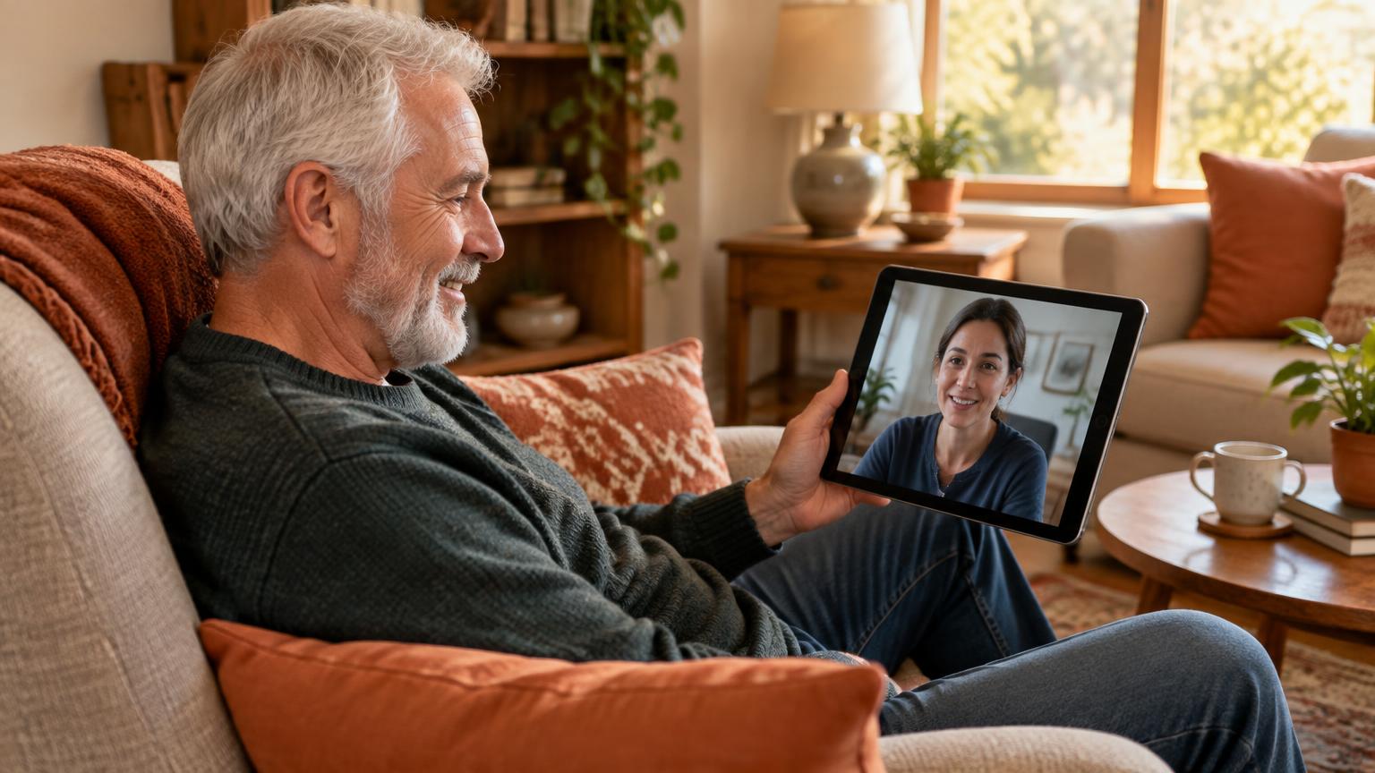 Man in his 60s on a telehealth video call with a licensed clinician from his living room