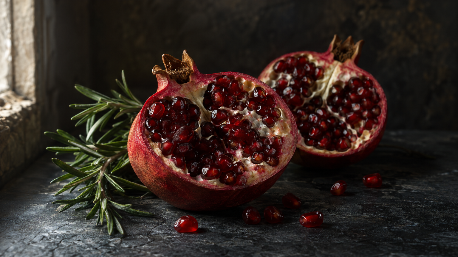 Still life of pomegranate halves and rosemary for an explainer on tadalafil 20mg