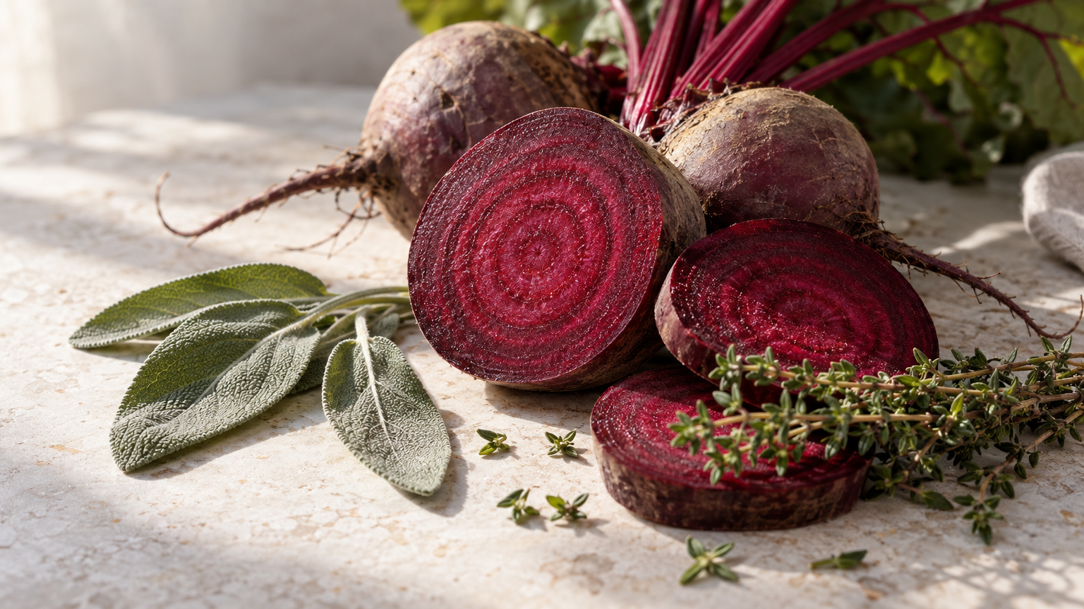 Sliced beetroot and sage leaves on pale stone, illustrating the blood pressure section