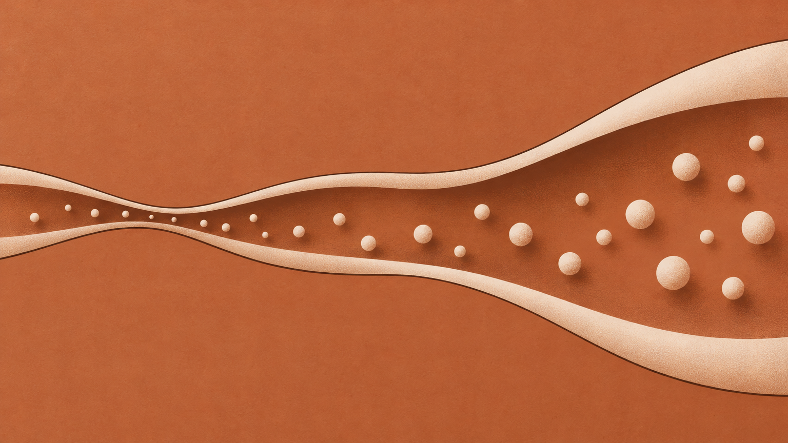 Abstract terracotta illustration of a narrow tube widening into a relaxed open channel, representing blood vessel relaxation