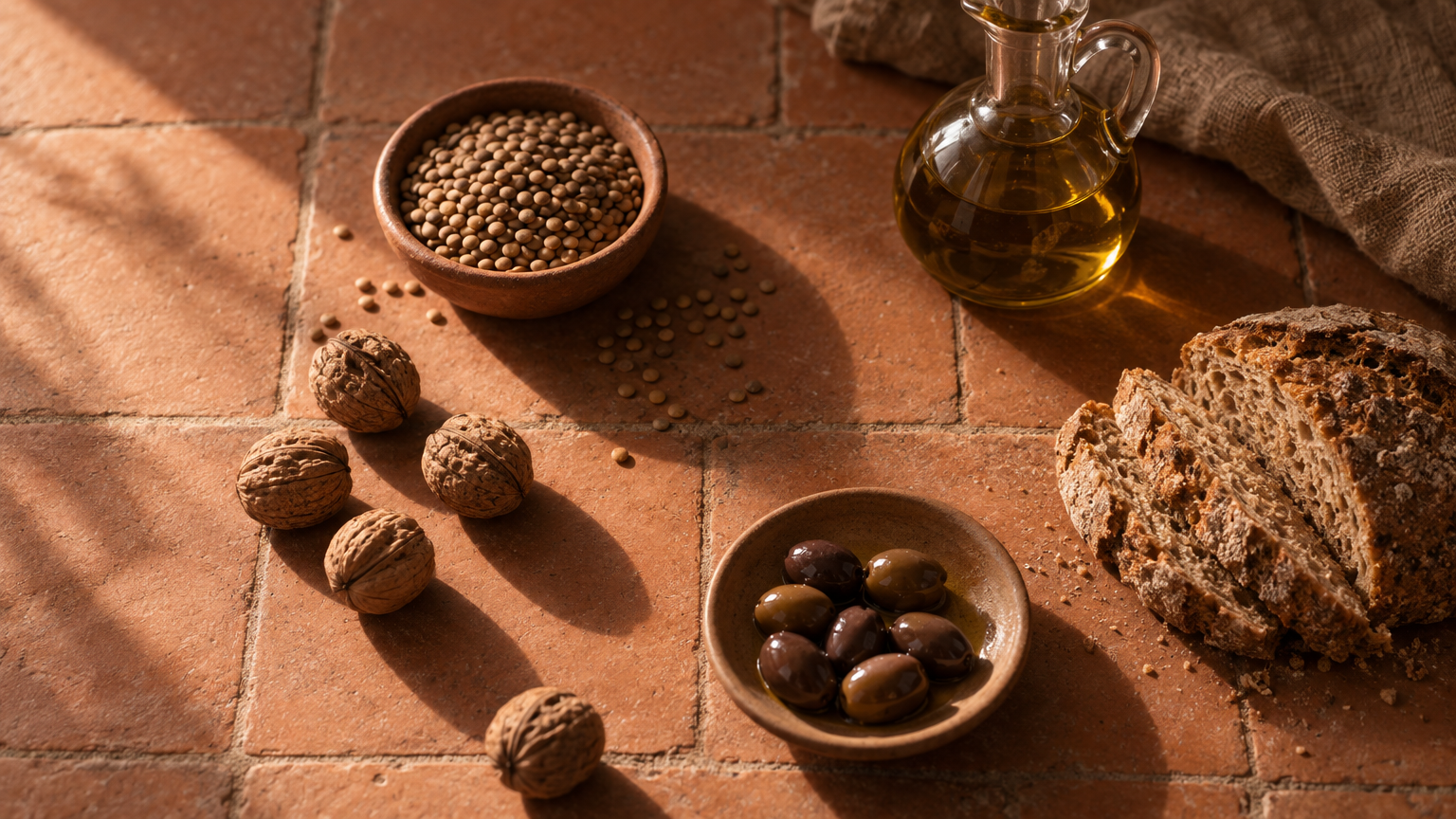Overhead tonal still life of walnuts, olives, lentils and whole-grain bread on a terracotta tile