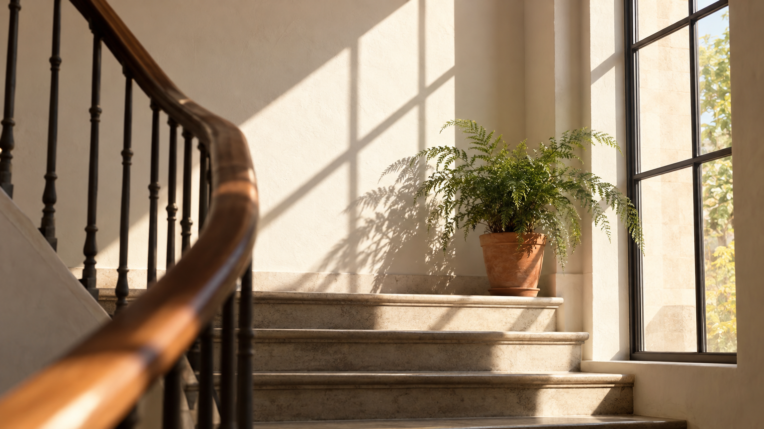 Sunlight and shadow across a quiet stairwell, representing a calm look at tadalafil side effects