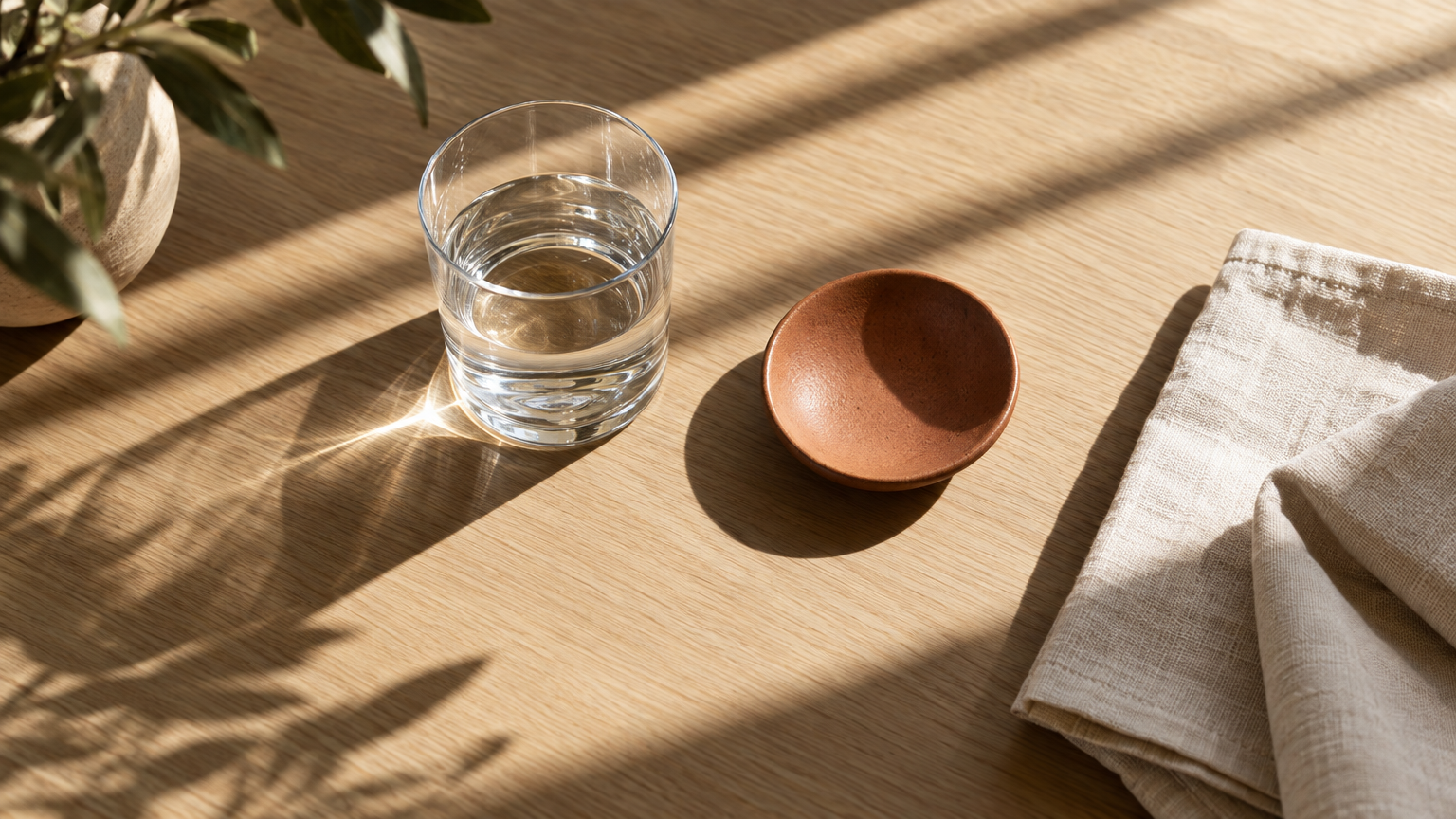 Glass of water on a table with window shadows, a quiet still life for common side effects